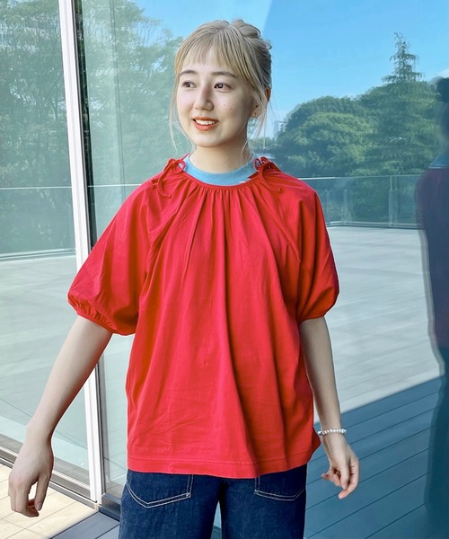 BEAMS BOY(ビームスボーイ)の「BEAMS BOY / リボン パフスリーブ Tシャツ(Tシャツ/カットソー・レディース・ブラック/レッド・ONE SIZE)」の2枚目の写真