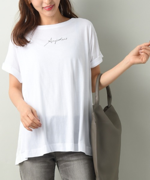 INTERPLANET（インタープラネット）の「ロゴプリントＢＡＣＫ異素材切替ドルマンプルオーバー（Tシャツ/カットソー・レディース・チャコールグレー/オフホワイト/グレイッシュブルー・FREE）」の2枚目の写真