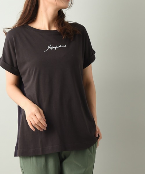 INTERPLANET（インタープラネット）の「ロゴプリントＢＡＣＫ異素材切替ドルマンプルオーバー（Tシャツ/カットソー・レディース・チャコールグレー/オフホワイト/グレイッシュブルー・FREE）」の3枚目の写真