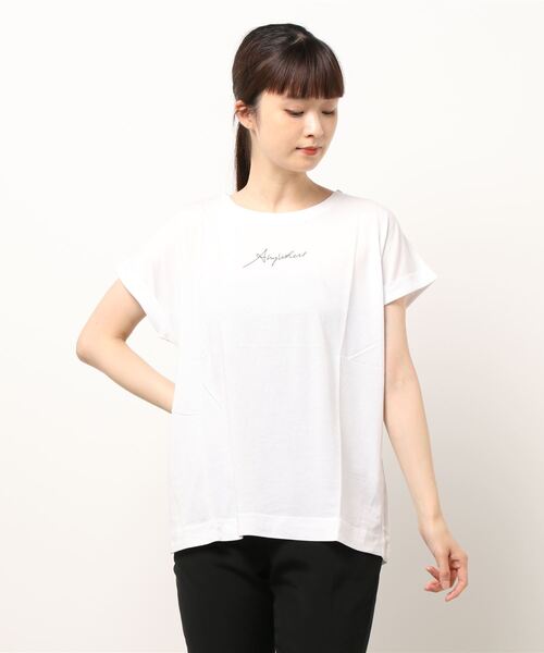 INTERPLANET（インタープラネット）の「ロゴプリントＢＡＣＫ異素材切替ドルマンプルオーバー（Tシャツ/カットソー・レディース・チャコールグレー/オフホワイト/グレイッシュブルー・FREE）」の16枚目の写真