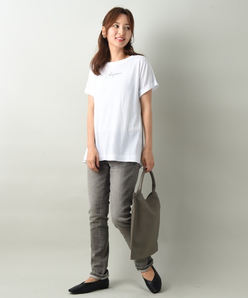 INTERPLANET（インタープラネット）の「ロゴプリントＢＡＣＫ異素材切替ドルマンプルオーバー（Tシャツ/カットソー・レディース・チャコールグレー/オフホワイト/グレイッシュブルー・FREE）」の15枚目の写真