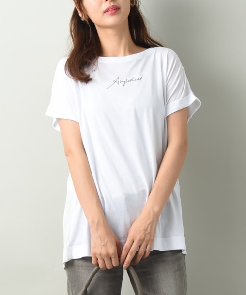 INTERPLANET（インタープラネット）の「ロゴプリントＢＡＣＫ異素材切替ドルマンプルオーバー（Tシャツ/カットソー・レディース・チャコールグレー/オフホワイト/グレイッシュブルー・FREE）」の12枚目の写真