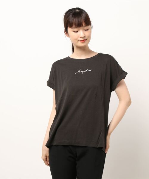 INTERPLANET（インタープラネット）の「ロゴプリントＢＡＣＫ異素材切替ドルマンプルオーバー（Tシャツ/カットソー・レディース・チャコールグレー/オフホワイト/グレイッシュブルー・FREE）」の17枚目の写真