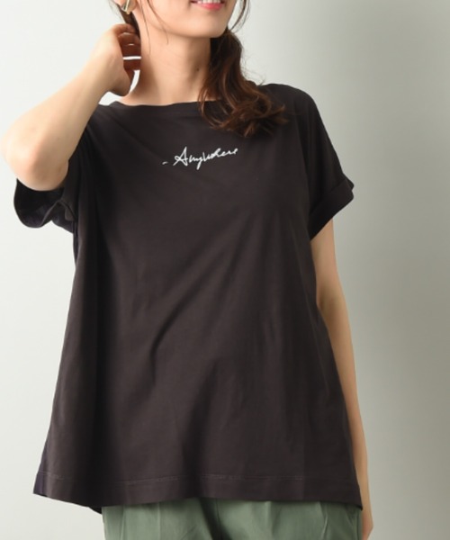 INTERPLANET（インタープラネット）の「ロゴプリントＢＡＣＫ異素材切替ドルマンプルオーバー（Tシャツ/カットソー・レディース・チャコールグレー/オフホワイト/グレイッシュブルー・FREE）」の6枚目の写真