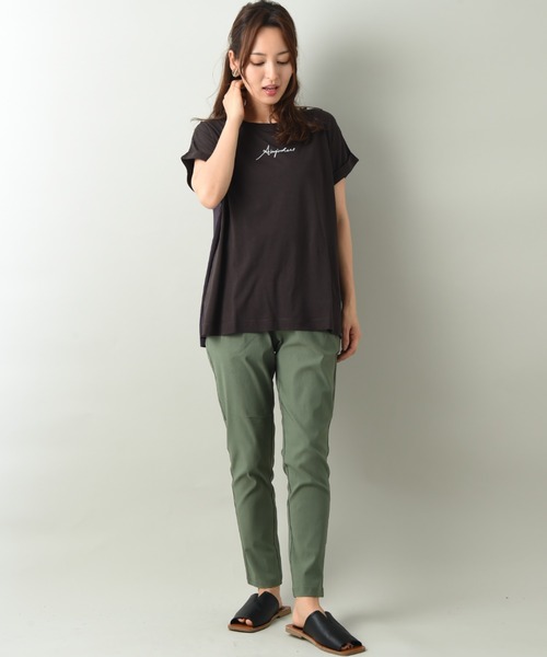 INTERPLANET（インタープラネット）の「ロゴプリントＢＡＣＫ異素材切替ドルマンプルオーバー（Tシャツ/カットソー・レディース・チャコールグレー/オフホワイト/グレイッシュブルー・FREE）」の9枚目の写真