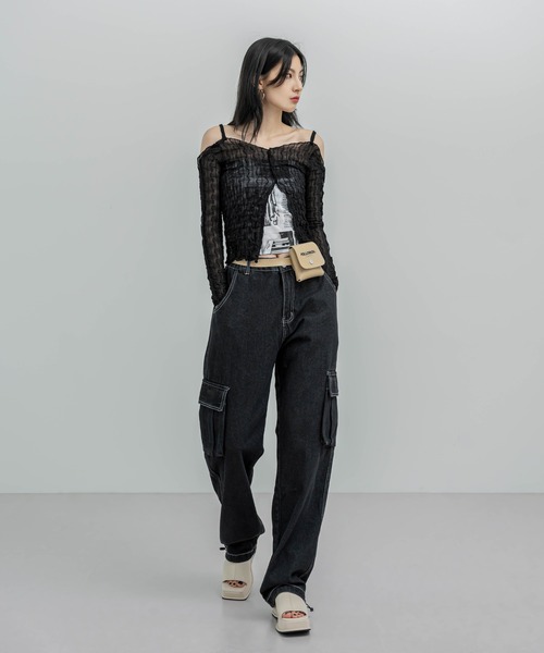 FOLLOWIN(フォロウィン)の「【UNISEX】ハイウエストワイドカーゴバックベンディングカーゴパンツ(カーゴパンツ・メンズ・ブラック/ブルー・MEDIUM/LARGE)」の3枚目の写真