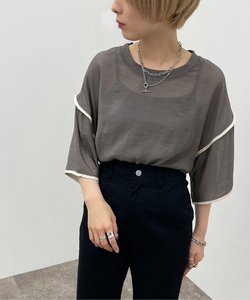 apres jour mignon(アプレジュールミニョン)の「シアーTシャツ+キャミSET【ZOZOTOWN限定アイテム】(Tシャツ/カットソー・レディース・その他/ブラック/ダークグリーン/アイボリー・フリー/X-LARGE)」の1枚目の写真