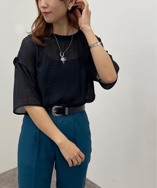 apres jour mignon(アプレジュールミニョン)の「シアーTシャツ+キャミSET【ZOZOTOWN限定アイテム】(Tシャツ/カットソー・レディース・その他/ブラック/ダークグリーン/アイボリー・フリー/X-LARGE)」の3枚目の写真