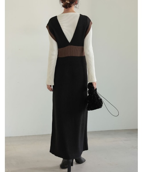 低身長サイズ有]バルキーニットビスチェライクVネックワンピース