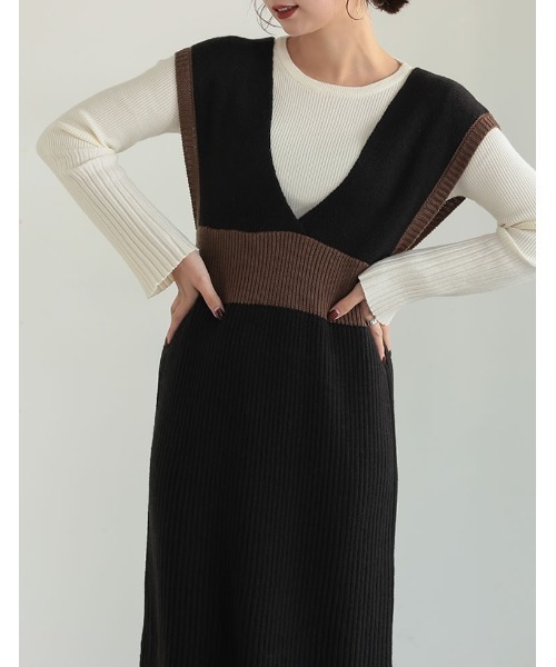 Re:EDIT（リエディ）の「[低身長サイズ有]バルキーニットビスチェライクVネックワンピース（ワンピース・レディース・ブラック/ブラウン/グレー系その他/ブラック系その他・MEDIUM/LARGE/SHORT）」の7枚目の写真