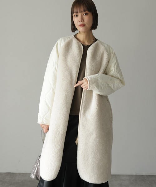 HERENCIA(ヘレンチア)の「ボア × キルティング ドッキング ノーカラー コート(ノーカラーコート・レディース・ブラック/ベージュ系その他/オフホワイト/モカ・MEDIUM)」の2枚目の写真