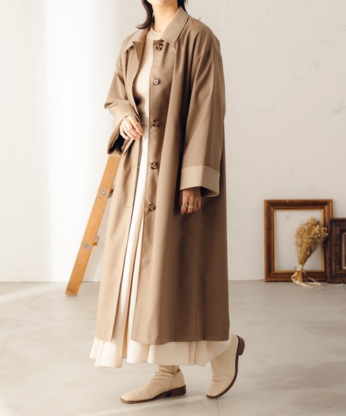 fupel（フぺル）の「フェイクレザーカフスステンカラーコート（ステンカラーコート・レディース・ライトカーキ/ライトベージュ・SMALL/MEDIUM）」の5枚目の写真