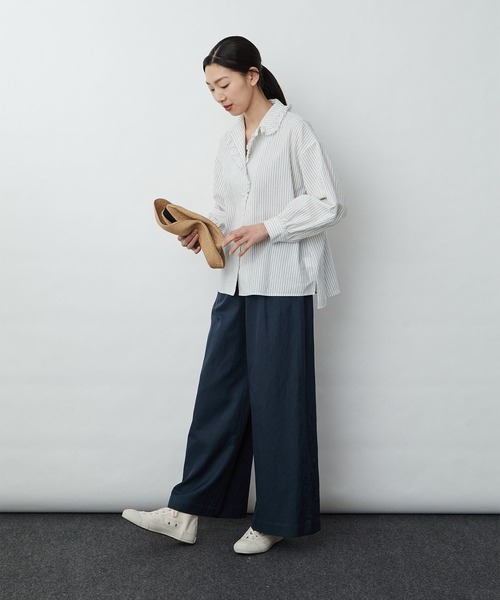 LOISIR（ロワズィール）の「綿麻ストライプフリルオープンカラー 