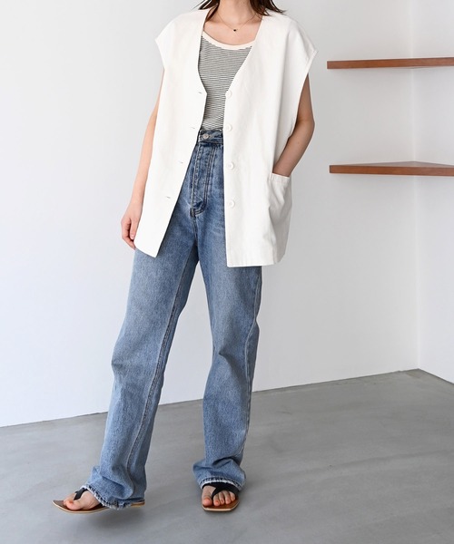 CANAL JEAN（キャナルジーン）の「RCW BLUE LABEL(ブルーレーベル) コットンリネンオーバーベスト（その他アウター・レディース・ネイビー/オフホワイト・38）」の5枚目の写真