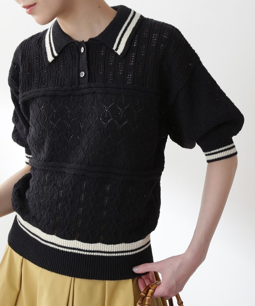 N.（N. Natural Beauty Basic）（エヌエヌナチュラルビューティーベーシック）の「◆アイレットポロニット（ニット/セーター・レディース・ブラック/ホワイト×グリーン/ホワイト×ブラック・MEDIUM）」の22枚目の写真