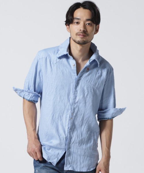 FranCisT_MOR.K.S.（フランシストモークス）の「FranCisT_MOR.K.S./フランシストモークス/5分袖 麻シャツ（シャツ/ブラウス・メンズ・サックスブルー・2）」の3枚目の写真