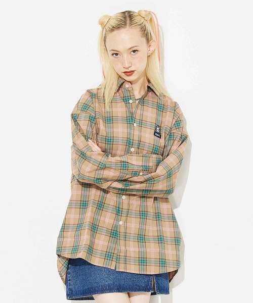 X-girl(エックスガール)の「PLAID FACE EMBOROIDERY SHIRT(シャツ/ブラウス・レディース・ベージュ/グレー/ブルー・S/M)」の1枚目の写真