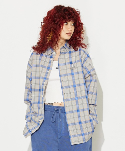X-girl(エックスガール)の「PLAID FACE EMBOROIDERY SHIRT(シャツ/ブラウス・レディース・ベージュ/グレー/ブルー・S/M)」の2枚目の写真