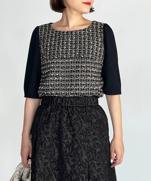 BE NEAT（ビーニート）の「【日本製】フロントツイードプルオーバー（Tシャツ/カットソー・レディース・チャコールグレー/ブラック・M）」の2枚目の写真