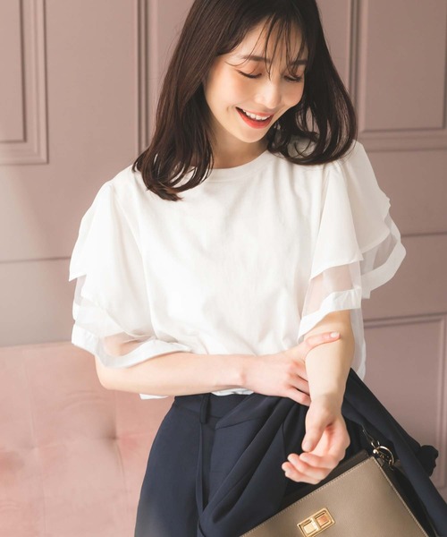 Edit Sheen(エディットシーン)の「フリルシフォンスリーブトップス(Tシャツ/カットソー・レディース・ホワイト/ブラック・M)」の2枚目の写真
