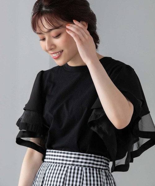 Edit Sheen(エディットシーン)の「フリルシフォンスリーブトップス(Tシャツ/カットソー・レディース・ホワイト/ブラック・M)」の1枚目の写真