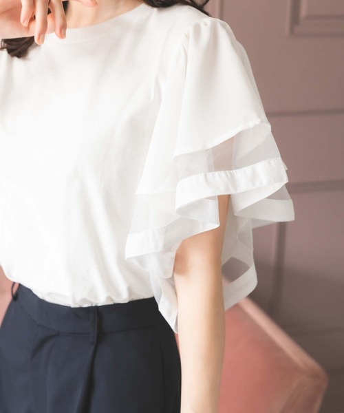 Edit Sheen(エディットシーン)の「フリルシフォンスリーブトップス(Tシャツ/カットソー・レディース・ホワイト/ブラック・M)」の4枚目の写真