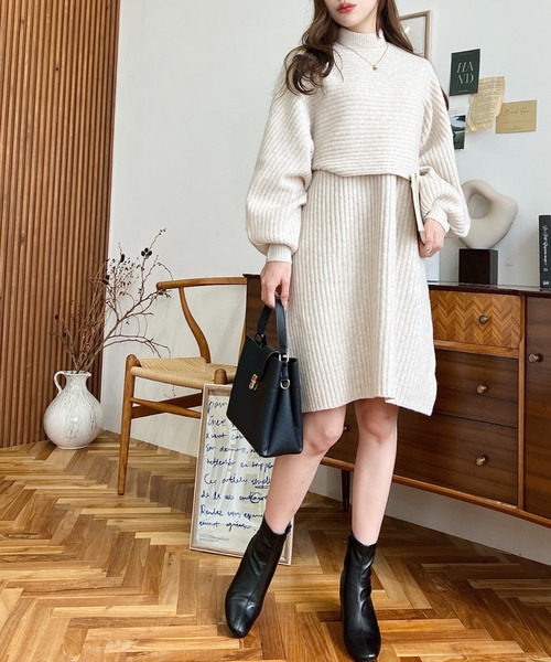 セール】〈セットアップニット〉アルパカタッチハイネックショート丈