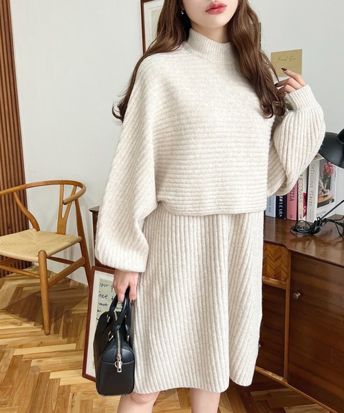 セール】〈セットアップニット〉アルパカタッチハイネックショート丈