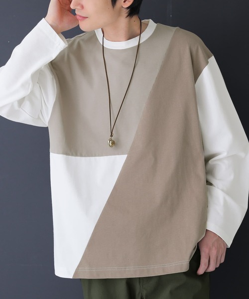 osharewalker（オシャレウォーカー）の「『配色アシメ切替コットンロンT』（Tシャツ/カットソー・メンズ・オフホワイト/ブラック・2/3）」の2枚目の写真