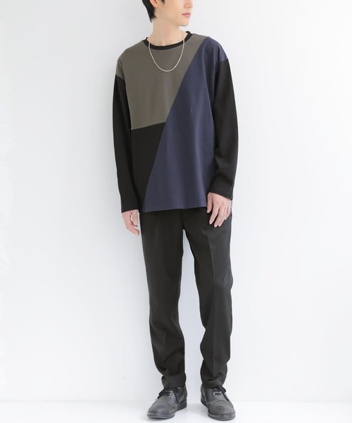osharewalker（オシャレウォーカー）の「『配色アシメ切替コットンロンT』（Tシャツ/カットソー・メンズ・オフホワイト/ブラック・2/3）」の5枚目の写真