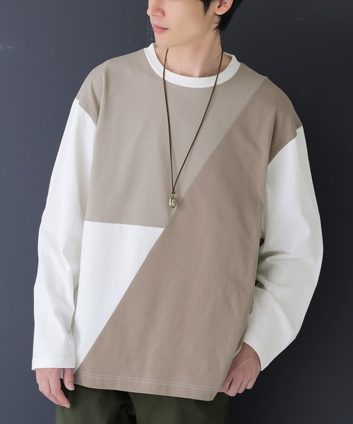 osharewalker（オシャレウォーカー）の「『配色アシメ切替コットンロンT』（Tシャツ/カットソー・メンズ・オフホワイト/ブラック・2/3）」の9枚目の写真