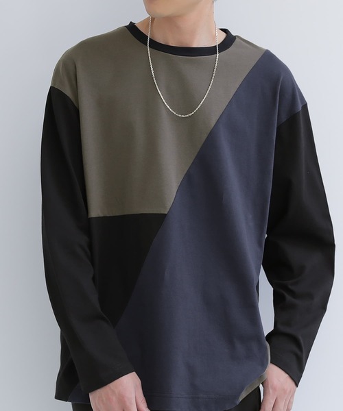 osharewalker（オシャレウォーカー）の「『配色アシメ切替コットンロンT』（Tシャツ/カットソー・メンズ・オフホワイト/ブラック・2/3）」の3枚目の写真