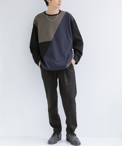 osharewalker（オシャレウォーカー）の「『配色アシメ切替コットンロンT』（Tシャツ/カットソー・メンズ・オフホワイト/ブラック・2/3）」の6枚目の写真