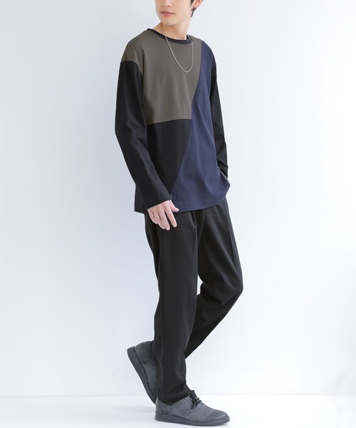 osharewalker（オシャレウォーカー）の「『配色アシメ切替コットンロンT』（Tシャツ/カットソー・メンズ・オフホワイト/ブラック・2/3）」の7枚目の写真
