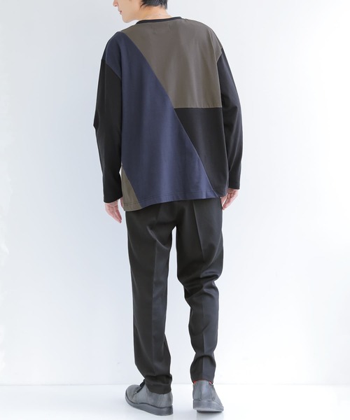 osharewalker（オシャレウォーカー）の「『配色アシメ切替コットンロンT』（Tシャツ/カットソー・メンズ・オフホワイト/ブラック・2/3）」の8枚目の写真