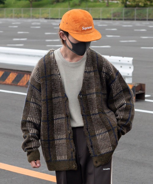 Perushu（ペルーシュ）の「モヘアライクチェックニットカーディガン（カーディガン/ボレロ・メンズ・ボルドー/オリーブ/オレンジ・MEDIUM/LARGE）」の6枚目の写真
