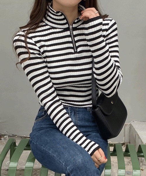 Chaco closet(チャコ クローゼット)の「ボーダーハーフジップニットプルオーバー(ニット/セーター・レディース・ブラック/ブラウン/グリーン・FREE)」の5枚目の写真