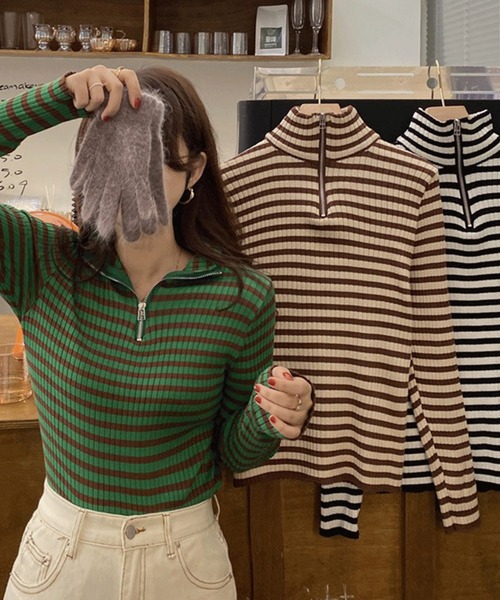 Chaco closet(チャコ クローゼット)の「ボーダーハーフジップニットプルオーバー(ニット/セーター・レディース・ブラック/ブラウン/グリーン・FREE)」の8枚目の写真