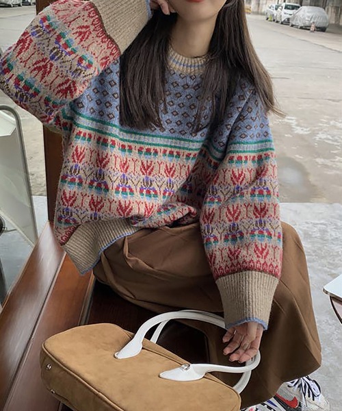 Girly Doll(ガーリードール)の「ジャガードレトロニット(ニット/セーター・レディース・ピンク/ブルー・F)」の2枚目の写真