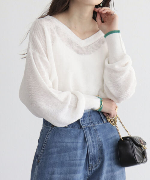 fredy emue(フレディエミュ)の「リネン片畦配色プルオーバー(ニット/セーター・レディース・チャコールグレー/オフホワイト/グリーン/ピンク・38)」の5枚目の写真