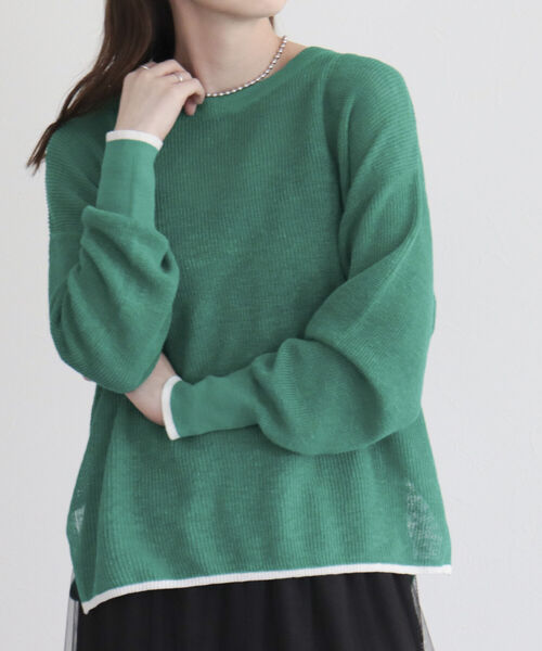 fredy emue(フレディエミュ)の「リネン片畦配色プルオーバー(ニット/セーター・レディース・チャコールグレー/オフホワイト/グリーン/ピンク・38)」の6枚目の写真