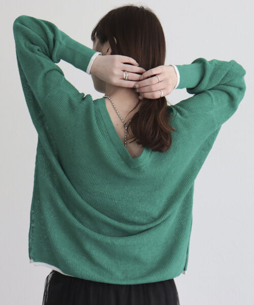 fredy emue(フレディエミュ)の「リネン片畦配色プルオーバー(ニット/セーター・レディース・チャコールグレー/オフホワイト/グリーン/ピンク・38)」の20枚目の写真