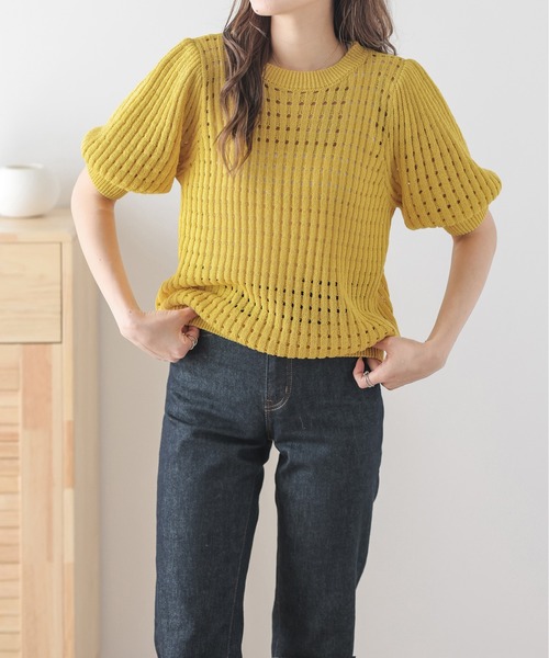 AMELY（エミリー）の「メッシュニットトップス（ニット/セーター・レディース・イエロー/ブラウン/ピンク/アイボリー/ブラック/ブルー・フリー）」の5枚目の写真
