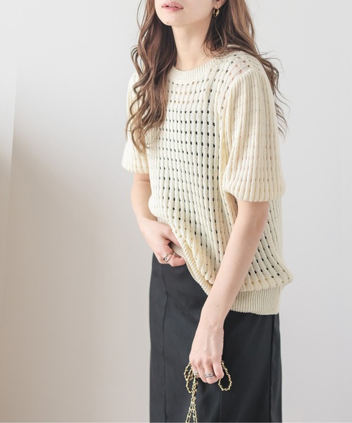 AMELY（エミリー）の「メッシュニットトップス（ニット/セーター・レディース・イエロー/ブラウン/ピンク/アイボリー/ブラック/ブルー・フリー）」の8枚目の写真