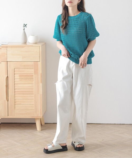 AMELY（エミリー）の「メッシュニットトップス（ニット/セーター・レディース・イエロー/ブラウン/ピンク/アイボリー/ブラック/ブルー・フリー）」の17枚目の写真