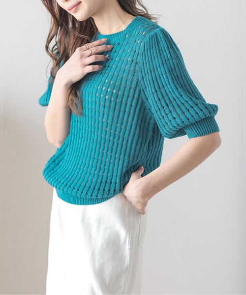 AMELY（エミリー）の「メッシュニットトップス（ニット/セーター・レディース・イエロー/ブラウン/ピンク/アイボリー/ブラック/ブルー・フリー）」の19枚目の写真