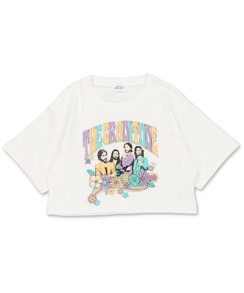SPINNS(スピンズ)の「バンド風ヒッピーデザイン ショート丈半袖Tシャツ(Tシャツ/カットソー・レディース・スミクロ/オフホワイト/グリーン/ベージュ・ONESIZE)」の6枚目の写真