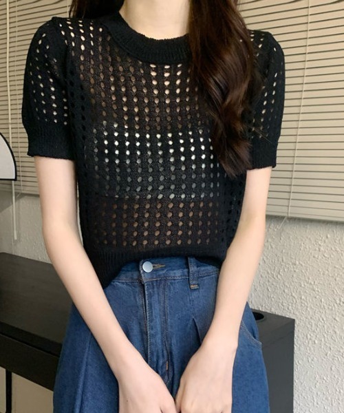 Achic(アシック)の「カラーメッシュ夏ニットトップス(ニット/セーター・レディース・ホワイト/ブラック/ピンク/グリーン・M)」の1枚目の写真