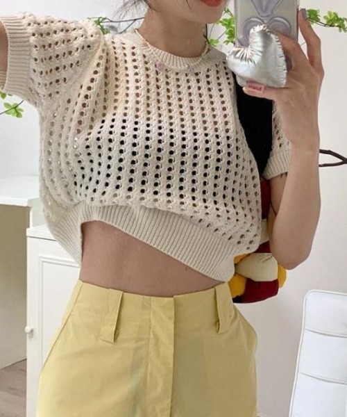 Achic(アシック)の「カラーメッシュ夏ニットトップス(ニット/セーター・レディース・ホワイト/ブラック/ピンク/グリーン・M)」の18枚目の写真
