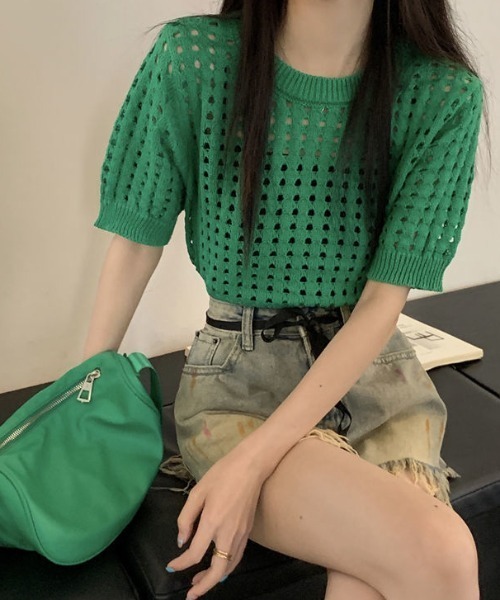 Achic(アシック)の「カラーメッシュ夏ニットトップス(ニット/セーター・レディース・ホワイト/ブラック/ピンク/グリーン・M)」の17枚目の写真